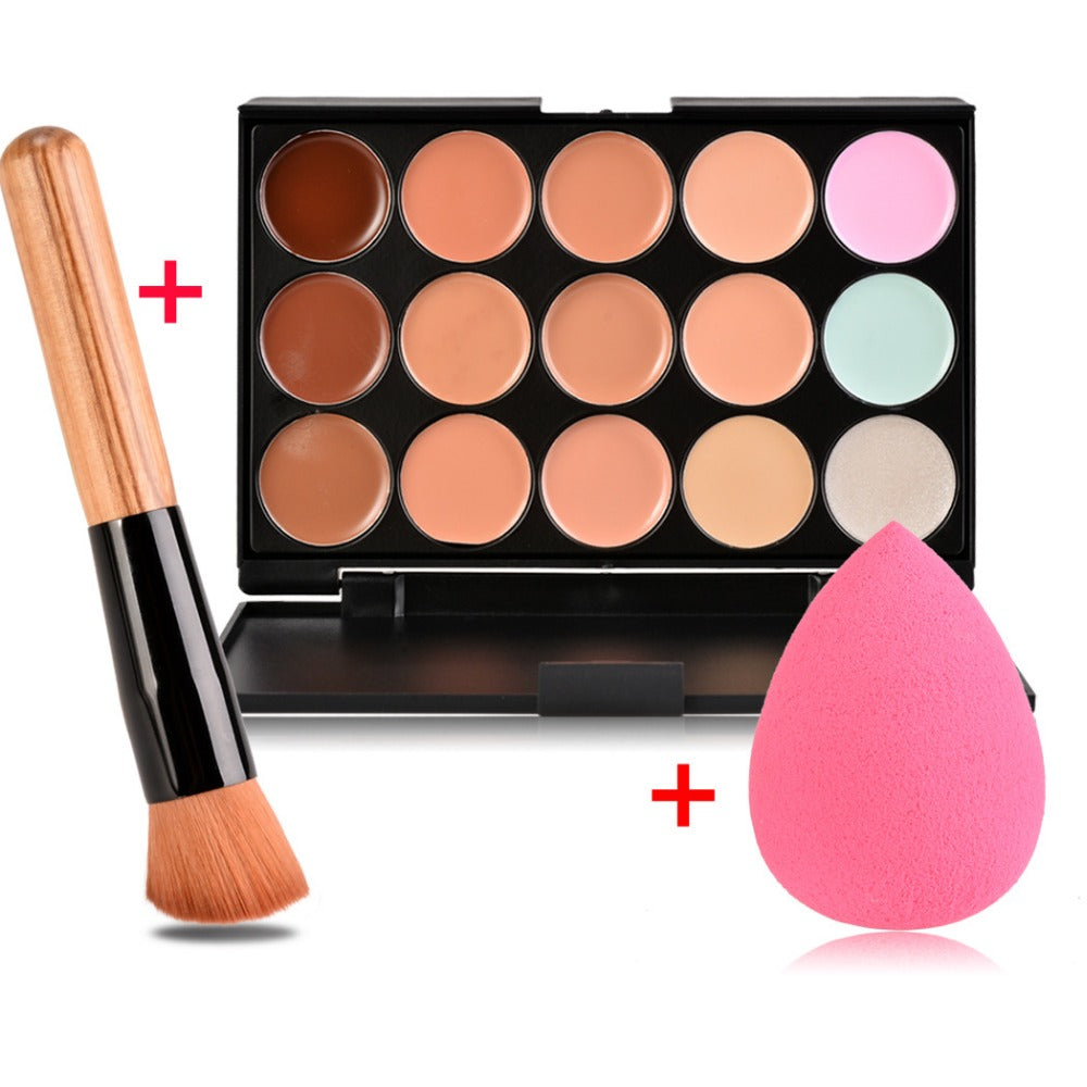 Concealer 15 Color Makeup Palette +Wooden Handle Brush +Puff Face Foundation Bronzer 15 Color Concealer Contour Palette