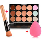 Concealer 15 Color Makeup Palette +Wooden Handle Brush +Puff Face Foundation Bronzer 15 Color Concealer Contour Palette