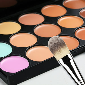 Concealer 15 Color Makeup Palette +Wooden Handle Brush +Puff Face Foundation Bronzer 15 Color Concealer Contour Palette