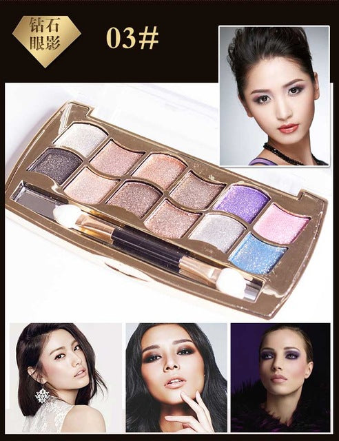 Professional Eye Makeup 12 Colors Eyeshadow Palette Gold Smoky Cosmetics Makeup Palette Diamond Bright Glitter Eye Shadow