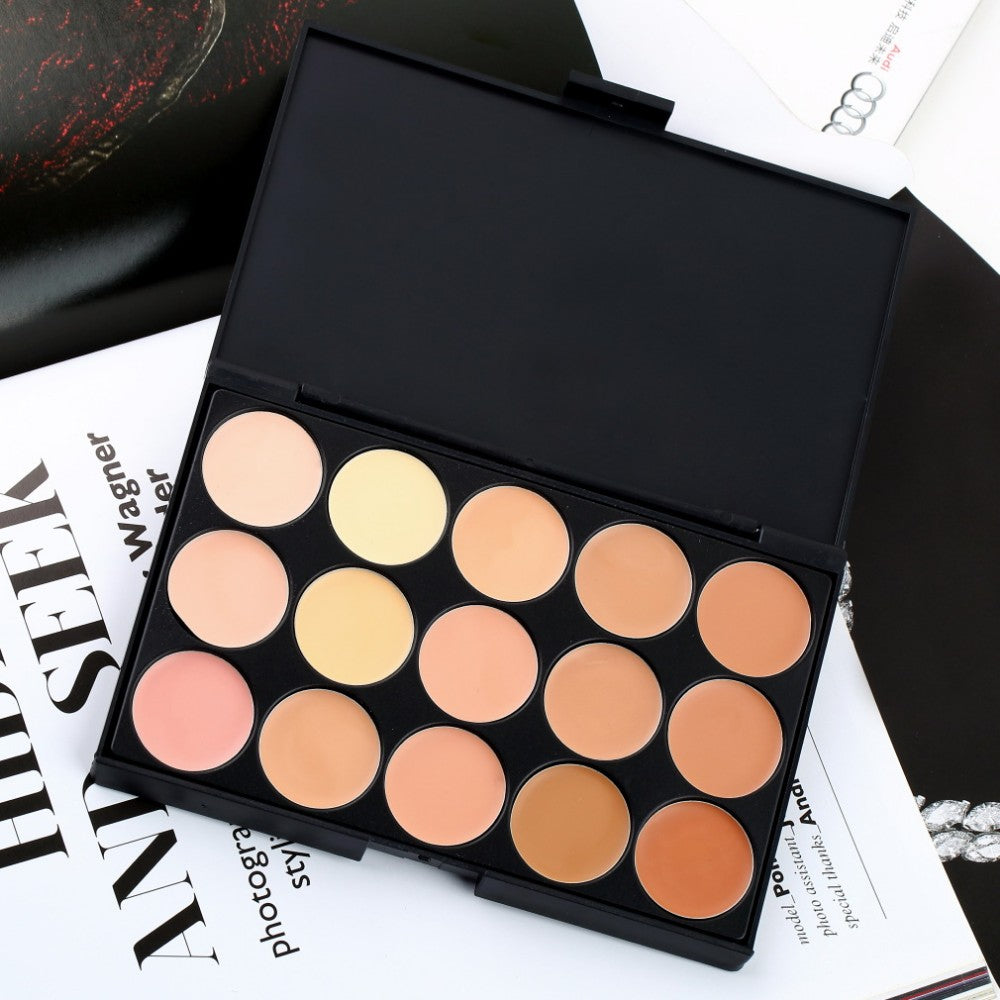 Concealer 15 Color Makeup Palette +Wooden Handle Brush +Puff Face Foundation Bronzer 15 Color Concealer Contour Palette